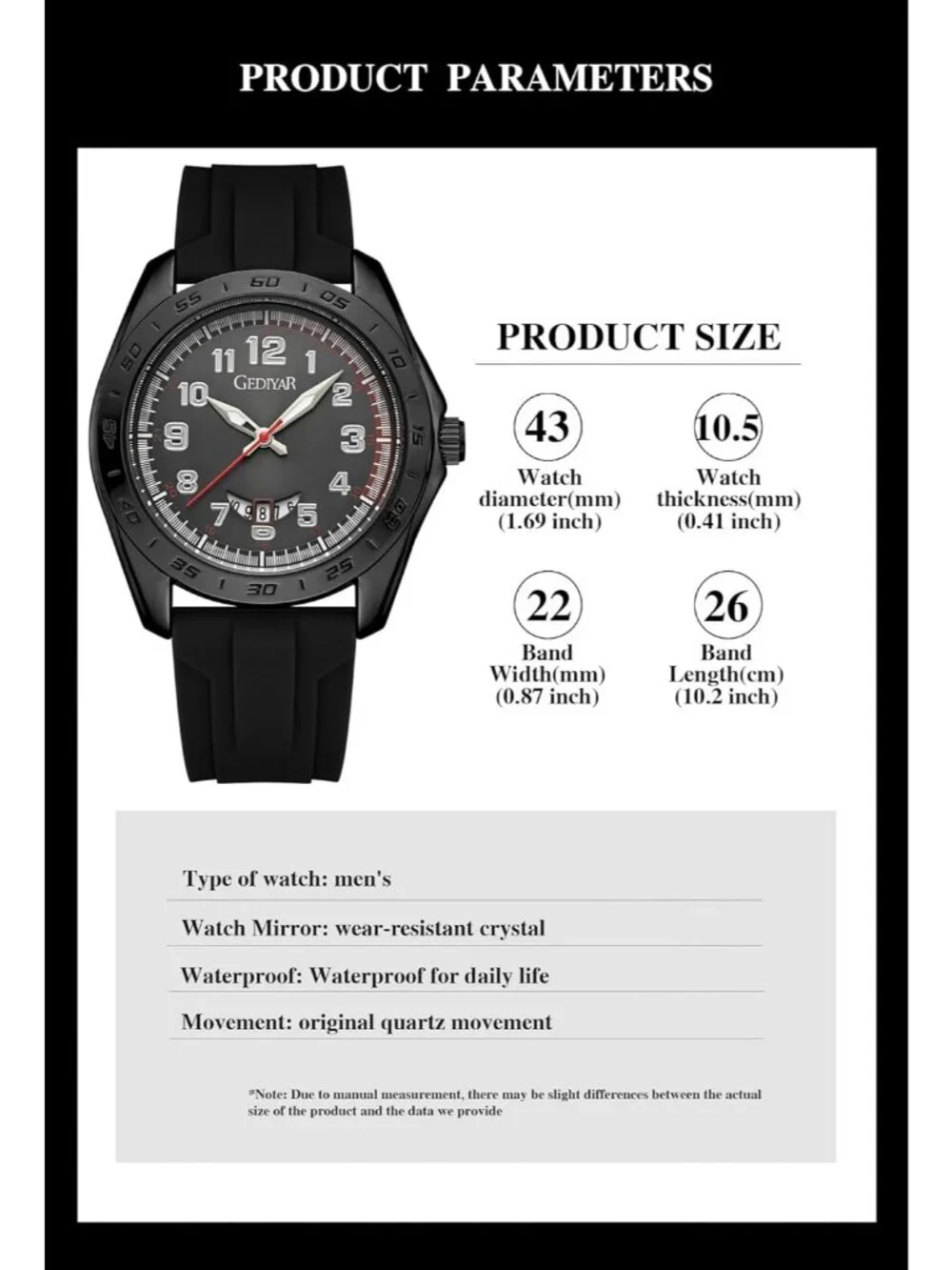 Men's Black Analog Quartz Rubber Silicone Band Arabic Numbers Casual Wrist Watch
